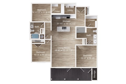 Floor plan for 3 beds, 2 baths, 1379 sqft